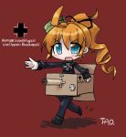  1girl blue_eyes blush box bronikowski_(milihime_taisen) cardboard cardboard_box highres iron_cross mecha_musume milihime_taisen military military_uniform orange_hair red_background tao_(kadoya) uniform 