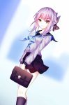  1girl bag bow brown_eyes collarbone hair_bow highres hiiragi_shinoa long_sleeves meng_xiao_jiong neckerchief owari_no_seraph purple_hair ribbon school_bag school_uniform serafuku shirt skirt smile solo 