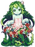  1girl alraune bare_shoulders blue_skin curtsey dress flat_chest flower green_eyes green_hair hair_ornament leaf long_hair lowres making_of monster_girl original parted_lips pixel_art plant_girl sb_(coco1) simple_background solo thorns vines white_background 