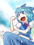  1girl bird blue_eyes blue_hair blue_sky bow bras_d&#039;honneur cirno crab emphasis_lines facing_away hair_bow knee_up midriff okahi open_mouth ribbon short_hair short_sleeves skirt skirt_set sky solo touhou wings 