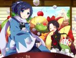  2boys ^_^ apple apple_slice black_hair blue_eyes bowl bridal_gauntlets brown_hair cherry closed_eyes fang food fox fruit ice_cube japanese_clothes kashuu_kiyomitsu konnosuke male_focus miniboy multiple_boys open_mouth ponytail scarf shinsengumi smile strawberry touken_ranbu uguisu_mochi_(ykss35) whipped_cream yamato-no-kami_yasusada 