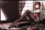  1girl arm_up ass black_legwear blurry bow brown_hair depth_of_field door flower hair_bow hair_tubes hakurei_reimu highres hk_(hk) japanese_clothes kimono legs looking_at_viewer obi pantyhose sandals_removed sash sitting solo thighband_pantyhose touhou veranda wide_sleeves yellow_eyes 