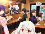  4boys 4girls apron bottle bowl chair chin_rest door eating emiya_shirou fate/stay_night fate_(series) food fujimura_taiga heart illyasviel_von_einzbern itsuki_sayaka kotomine_kirei kuzuki_souichirou liquor looking_at_viewer magazine mapo_doufu matou_sakura mitsuzuri_ayako multiple_boys multiple_girls omurice pointing restaurant rice ryuudou_issei sitting table tagme 