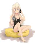  1girl ahoge alcohol beer beer_can blonde_hair breasts cleavage hanna-justina_marseille long_hair sitting solo strike_witches 