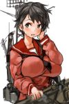  1girl black_hair blush breasts brown_eyes collarbone hand_on_own_cheek hand_on_own_face kantai_collection large_breasts long_sleeves looking_up machinery mogami_(kantai_collection) open_mouth sachito school_uniform serafuku short_hair simple_background solo sweatdrop upper_body very_short_hair white_background 