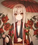  1girl brown_eyes camellia_(flower) club flower holding japanese_clothes kimono long_hair looking_at_viewer oni oni_horns oriental_umbrella original revision shuuichi solo umbrella weapon white_hair 