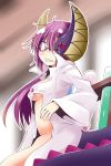  1girl bottomless breasts glasses hair_ornament horns ichimi jacket long_hair looking_at_viewer navel pixiv_fantasia pixiv_fantasia_t purple-framed_glasses purple_hair sitting solo tail violet_eyes 