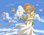  1girl alternate_costume aqua_eyes blonde_hair blue_sky bouquet chuchu_(pokemon) clouds coat dress flower hat hat_flower long_hair open_clothes open_coat pikachu pokemon pokemon_(creature) pokemon_special ponytail ribbon sen_pic sky smile straw_hat sunflower white_dress wind yellow_(pokemon) 