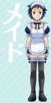  1boy alternate_costume apron black_legwear blue_eyes blue_hair crossdressinging enmaided gundam gundam_build_fighters highres iori_sei maid maid_headdress male_focus mary_janes ribbon shoes short_hair solo thigh-highs torajimaneko 