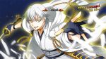  1boy black_gloves gloves japanese_clothes katana kusazuri male_focus obo open_mouth partly_fingerless_gloves silver_hair solo sword touken_ranbu tsurumaru_kuninaga twitter_username watermark weapon web_address yellow_eyes 