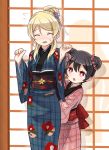  3girls absurdres alternate_hairstyle arms_up ayase_eli black_hair blonde_hair blush clenched_hands closed_eyes double_bun floral_print flower flying_sweatdrops hair_bun hair_flower hair_ornament highres japanese_clothes kimono love_live!_school_idol_project multiple_girls obi red_eyes sash shikei_(jigglypuff) toujou_nozomi when_you_see_it yazawa_nico 