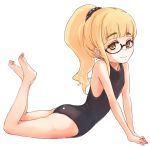  1girl alternate_hairstyle black-framed_glasses black_swimsuit blonde_hair glasses long_hair lying mune on_stomach one-piece_swimsuit perrine_h_clostermann ponytail semi-rimless_glasses simple_background smile solo strike_witches swimsuit under-rim_glasses white_background yellow_eyes 