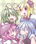  4girls :d :o antennae blonde_hair blue_hair bow cirno fang green_eyes green_hair grin hair_bow hair_ribbon highres multiple_girls mystia_lorelei open_mouth purple_hair red_eyes ribbon rumia short_hair smile takanoru team_9 touhou violet_eyes wriggle_nightbug 