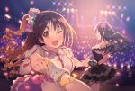  2girls audience blush brown_eyes brown_hair chair ddal dress green_eyes hat highres honda_mio idolmaster idolmaster_cinderella_girls long_hair multiple_girls open_mouth outstretched_arms shibuya_rin shimamura_uzuki smile stage 