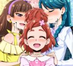  3girls :d ^_^ amanogawa_kirara blue_hair blush braid brown_hair choker closed_eyes earrings go!_princess_precure hairband haruno_haruka hone_(koppun) jewelry kaidou_minami long_hair multiple_girls open_mouth precure redhead short_hair single_braid smile star star_earrings violet_eyes yuri 