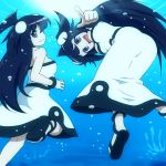  2girls :d ahoge ass bangle bare_shoulders bent_over black_hair blue_eyes borrowed_character bracelet breasts dress head_fins jewelry kneepits long_dress long_hair looking_at_viewer multiple_girls open_mouth orca original personification pointing pointing_at_viewer sandals shinsha-chan shirosato siblings sisters smile strapless_dress twins two_side_up underwater very_long_hair 