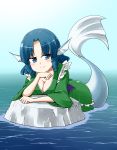  1girl blue_eyes blue_hair breasts cleavage elbow_rest fish_tail head_fins japanese_clothes kimono kousei_(public_planet) mermaid monster_girl solo touhou wakasagihime 