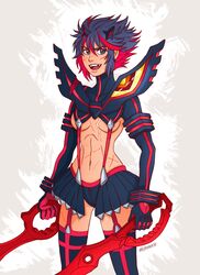  1girl black_hair boots breasts cowboy_shot dual_wielding fang hairpods herokick highres kill_la_kill matoi_ryuuko multicolored_hair redhead revealing_clothes scissor_blade scratches senketsu short_hair solo symbol-shaped_pupils thigh-highs thigh_boots two-tone_hair under_boob 