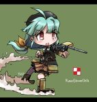  &gt;:o 1girl :o ahoge aiming aqua_hair bangs belt beret blush buttons camouflage chibi clenched_hand fighting_stance floating_hair full_body green_background hair_ribbon hat highres letterboxed long_hair looking_to_the_side low-tied_long_hair mecha_musume milihime_taisen military military_uniform orlik_(milihime_taisen) outstretched_arm parted_bangs payot petticoat pink_eyes pleated_skirt poland polish_air_force_checkerboard ribbon signature simple_background skirt sleeves_past_wrists small_breasts tao_(kadoya) tks_tankette turret uniform very_long_hair weapon 
