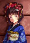  1girl black_hair brown_eyes close-up hair_ornament japanese_clothes kimono looking_at_viewer original smile solo villyane 