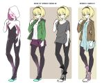  blonde_hair comparison dual_persona gwen_stacy headband hood jacket mask multicolored_eyes short_hair spider-man_(series) spider-woman 