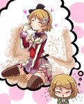  1girl between_legs black_legwear bow brown_hair closed_eyes commentary_request earrings flower flying_sweatdrops food food_on_face hair_bow hair_flower hair_ornament hairband hand_between_legs hands_together heart imagining jewelry koizumi_hanayo long_sleeves love_live!_school_idol_project ribbon rice rice_on_face shikei_(jigglypuff) short_hair sitting skirt solo sore_wa_bokutachi_no_kiseki thigh-highs wariza 