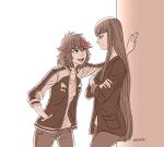  2girls against_wall artist_name black_hair casual eyebrows hand_in_pocket height_difference herokick kill_la_kill kiryuuin_satsuki letterman_jacket long_hair matoi_ryuuko multiple_girls redhead sepia short_hair smile spot_color thick_eyebrows 