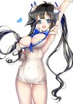  1girl :d arm_up armpits black_hair blue_eyes breasts cleavage dungeon_ni_deai_wo_motomeru_no_wa_machigatteiru_darou_ka hair_ribbon heart hestia_(danmachi) katsu_ryouji long_hair open_mouth rei_no_himo ribbon simple_background smile solo twintails white_background 