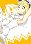  1girl armpits arms_behind_head bleach blonde_hair buttons hat liltotto_lamperd lying mouth_hold short_hair sleeveless solo yellow_eyes 