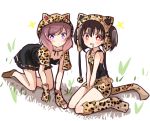 2girls all_fours animal_hat between_legs cat_hat dress drooling fingerless_gloves gloves hand_between_legs hat kneehighs leopard_ears leopard_print leopard_tail love_live!_school_idol_project multiple_girls nishikino_maki pom_pom_(clothes) red_eyes redhead shikei_(jigglypuff) sitting sparkling_eyes twintails violet_eyes wariza yazawa_nico 