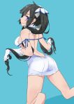  1girl ass back bare_back bare_legs black_hair blue_eyes blush_stickers breasts dungeon_ni_deai_wo_motomeru_no_wa_machigatteiru_darou_ka gloves gnosis_(ylyk) hair_ornament hands_in_hair hestia_(danmachi) highres kneeling long_hair rei_no_himo ribbon sideboob skindentation solo twintails white_gloves 