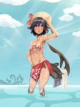  1girl bikini_tan black_hair blush commentary contrapposto ear_tag fish_tail highres john_doe no_panties original sarong shark_girl sharp_teeth short_hair small_breasts solo tan tanline tubetop violet_eyes wading water 