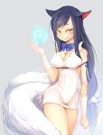  1girl ahri alternate_costume animal_ears bare_shoulders breasts cleavage_cutout deep_skin dress dungeon_ni_deai_wo_motomeru_no_wa_machigatteiru_darou_ka fang_out fox_ears fox_tail gloves hestia_(danmachi) hestia_(danmachi)_(cosplay) highres impossible_clothes large_breasts league_of_legends long_hair looking_at_viewer multiple_tails rei_no_himo short_dress slit_pupils tail white_gloves yellow_eyes 