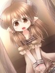  1girl blush brown_eyes brown_hair fang flat_chest hat kso looking_at_viewer original pointy_ears smile solo 