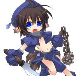  animal_ears blue_eyes brown_hair gloves hat kso looking_at_viewer lowres navel open_mouth original short_hair simple_background smile solo tail weapon white_background 