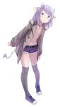  1boy animal_ears bell coat cow_ears cow_horns cow_tail ell horns jingle_bell leaning_forward navel original otoko_no_ko purple_hair shoes short_hair short_shorts shorts simple_background sneakers solo tail thigh-highs violet_eyes white_background 