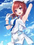  1girl :d armpits blush clouds fingerless_gloves gloves hat irimo-m love_live!_school_idol_project necktie nishikino_maki open_mouth redhead short_hair sky smile solo violet_eyes white_gloves 