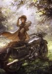  1girl adjusting_clothes adjusting_hat coat fur_hat gloves goggles goggles_on_head grass hat hermes highres kino kino_no_tabi leaf lm7_(op-center) looking_at_viewer motor_vehicle motorcycle revision short_hair solo sunlight tagme tree vehicle wind 