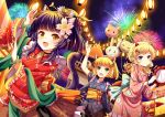  3girls :d animal_ears aqua_eyes bell blonde_hair cat_ears cat_tail fireworks green_eyes hair_ornament hairclip japanese_clothes kimono lampion long_hair multiple_girls open_mouth original pointy_ears ponytail purple_hair smile tail villyane yellow_eyes yukata 