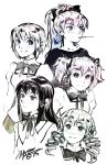  5girls akemi_homura bow ddhew drill_hair everyone hair_bow hair_ribbon kaname_madoka long_hair mahou_shoujo_madoka_magica miki_sayaka monochrome mouth_hold multiple_girls pocky ribbon sakura_kyouko school_uniform short_twintails smile tomoe_mami twin_drills twintails upper_body 