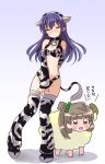  2girls animal_ears arm_warmers bangs bikini blue_hair blush bow choker covering covering_crotch cow_ears cow_girl cow_print cow_tail embarrassed hair_bow hairband leg_warmers looking_at_viewer love_live!_school_idol_project minami_kotori multiple_girls one_side_up paw_shoes sheep shikei_(jigglypuff) sonoda_umi swimsuit tail translation_request yellow_eyes 