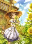  1girl apron ashida_(5232334) blush brown_eyes brown_hair child clouds dress dutch_angle fence flower garden grass hat head_tilt house looking_at_viewer one_eye_covered original plant potted_plant power_lines scenery short_hair sky solo straw_hat sun_hat sundress sunflower telephone_pole 