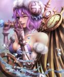  1girl aqua_eyes bare_shoulders breasts cleavage clock elbow_gloves gloves highres mechanical_wings one_eye_closed open_mouth purple_hair puzzle_&amp;_dragons sho_(shoichi-kokubun) short_hair skuld_(p&amp;d) vambraces wheel wings 