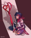  1girl bared_teeth black_hair blood blue_eyes denim fingerless_gloves gloves herokick highres jeans kill_la_kill letterman_jacket looking_at_viewer matoi_ryuuko neckerchief older pants planted_weapon scissor_blade scratches short_hair solo squatting torn_clothes torn_jeans weapon 