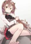  &gt;:o 1girl :o barefoot bike_shorts bow_(weapon) brown_hair crossbow hakama_skirt headband headgear highres kantai_collection long_sleeves looking_at_viewer machinery miysin pleated_skirt red_skirt short_hair simple_background sitting skirt solo taihou_(kantai_collection) weapon white_background 