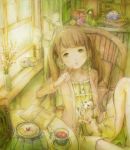  1girl ashida_(5232334) blush book brown_hair butterfly cat cherry_blossoms collarbone cup curtains desk doll dress hand_on_own_face indoors lamp long_hair looking_up mixed_media muted_color original pouch radio saucer sitting solo sunlight tea teacup traditional_media twintails watercolor_(medium) window yarnball 