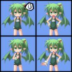  arms_behind_back blush expressions flat_chest frown green_eyes green_hair hand_on_hip hands_on_hips kso looking_at_viewer open_mouth pointy_ears school_swimsuit short_hair side_ponytail simple_background smile spoken_sweatdrop sweatdrop swimsuit wings 