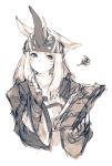  1girl animal_ears book copyright_request fingerless_gloves gloves headband horn junwool long_hair monochrome pointy_ears sketch thinking 