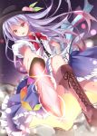  1girl blue_hair cross-laced_footwear erika_(ym0311) highres hinanawi_tenshi long_hair puffy_short_sleeves puffy_sleeves rainbow_gradient red_eyes revision short_sleeves solo sword_of_hisou touhou white_blouse 