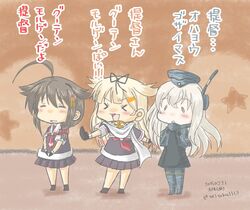  &gt;_&lt; 0_0 3girls :d ahoge blonde_hair braid brown_hair chibi closed_eyes dated garrison_cap gloves gradient_hair hair_flaps hair_ornament hair_over_shoulder hair_ribbon hairclip hat kantai_collection long_hair multicolored_hair multiple_girls neckerchief necktie open_mouth pantyhose pleated_skirt remodel_(kantai_collection) ribbon scarf school_uniform serafuku shigure_(kantai_collection) signature silver_hair single_braid skirt smile taisa_(kari) translated twitter_username u-511_(kantai_collection) white_scarf xd yuudachi_(kantai_collection) 